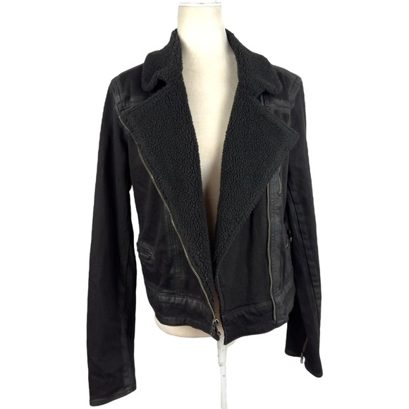 PAIGE Sydney Moto Jacket Night Flight Sherpa Coated Black Stretch Denim Large - Picture 2 of 16